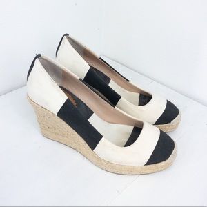 J.Crew Black Cream Striped Espadrille Wedge Shoes, Size 61/2.